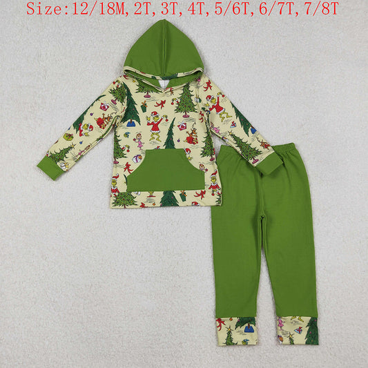 BLP1224 Green Frog Hoodie Top Green Pants Boys Christmas Clothes Set
