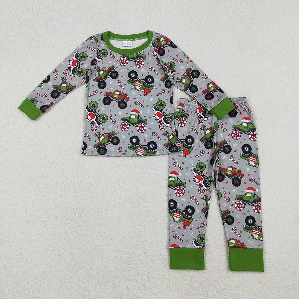 BLP1286 Monster Trucks Candy Cane Print Boys Christmas Pajamas Clothes Set