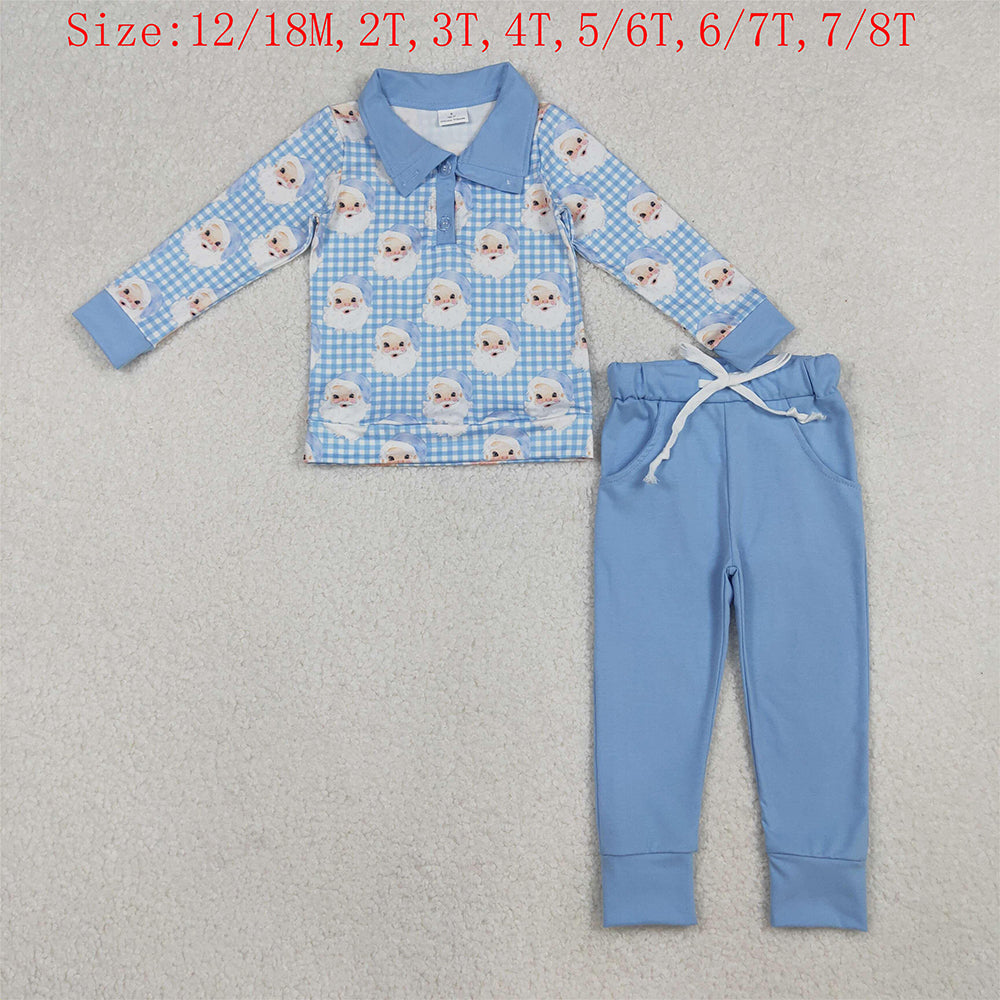 BLP1295 Santa Checkered Polo Top Blue Pants Boys Christmas Clothes Set