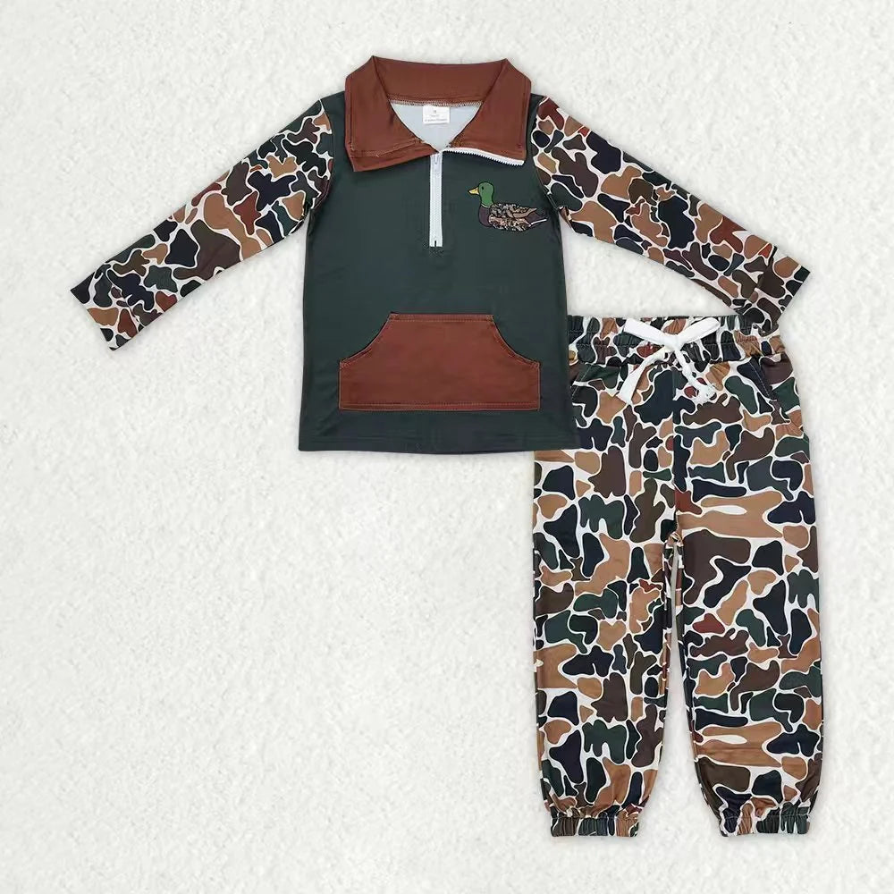 Sibling  baby Boys Camo Embroidery Duck Dog Zipper Pullover Top Jogger Hunting Outfit