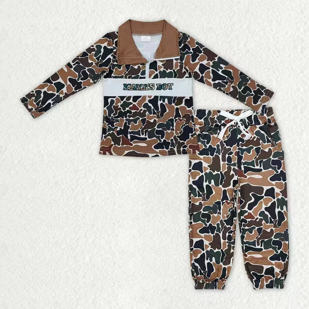 Sibling  baby Boys Camo Embroidery Duck Dog Zipper Pullover Top Jogger Hunting Outfit
