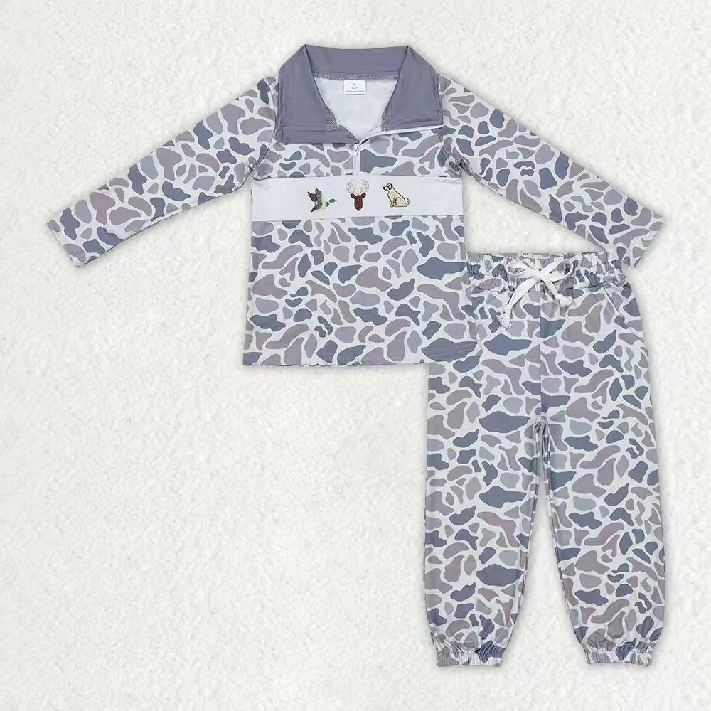 Sibling  baby Boys Camo Embroidery Duck Dog Zipper Pullover Top Jogger Hunting Outfit