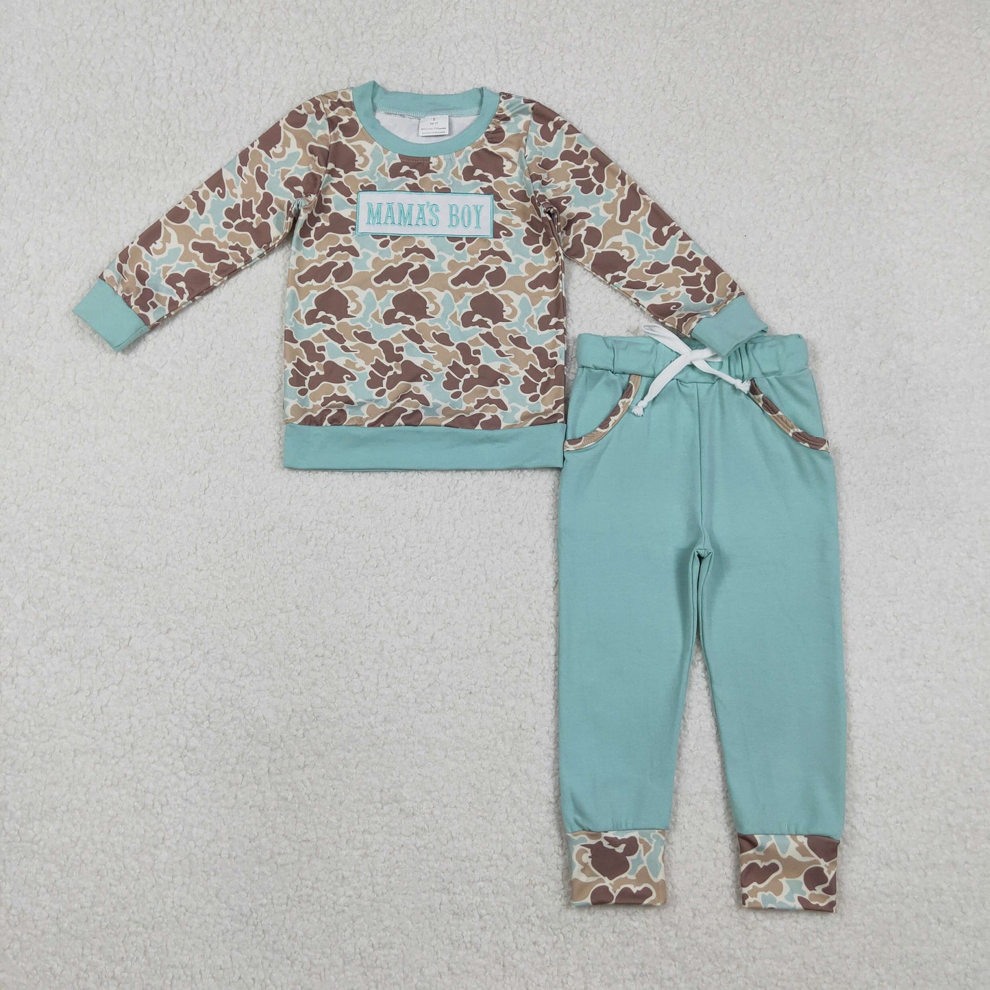 Sibling Baby Boys Embroidery Mama's Boy Blue Camo Pockets Pant Clothes Sets Hoodie Romper