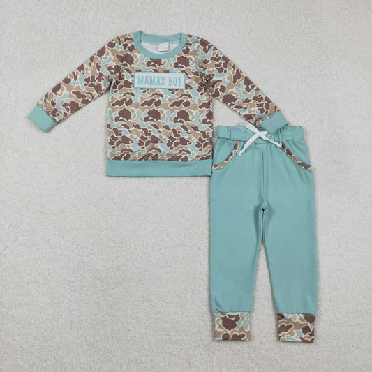 Sibling Baby Boys Embroidery Mama's Boy Blue Camo Pockets Pant Clothes Sets Hoodie Romper