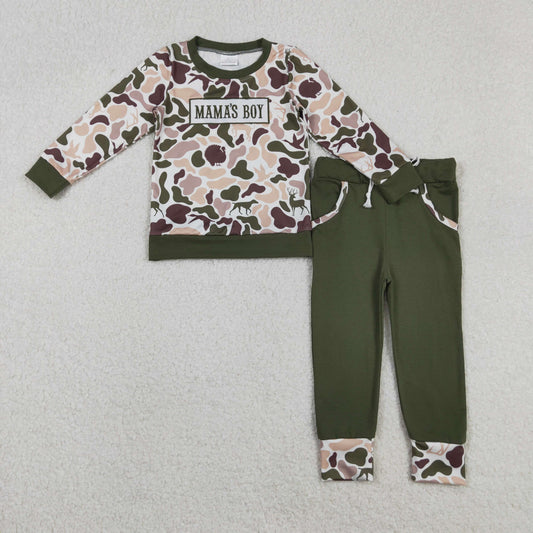 Sibling Baby Boys Embroidery Mama's Boy Dog Ducks Deer Camo Pockets Pant Clothes Sets Hoodie Romper