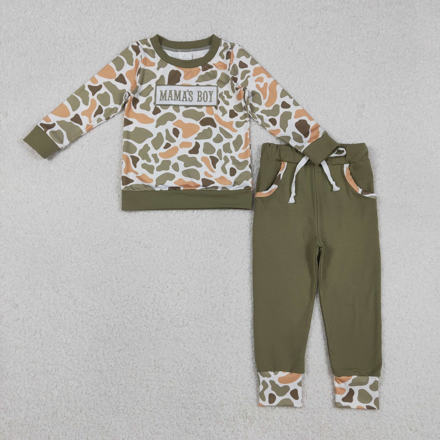 Sibling Baby Boys Embroidery Mama's Boy Green Camo Pockets Pant Clothes Sets Hoodie Romper