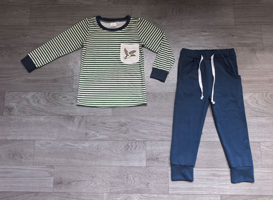 Preoder BLP1351 Baby Boys Mallard Duck  Striped Top Navy Jogger Pants Outfit