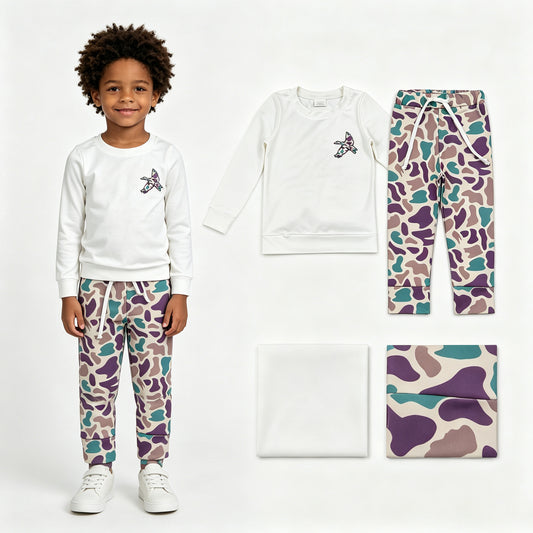 BLP1378 Duck White Top Green Purple Camo Pants Boys Fall Clothes Set