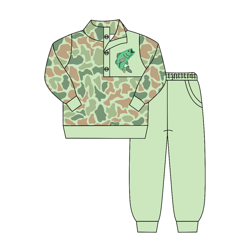 4.15 BLP1419 Preorder Fish Camo Pullover Top Green Pants Boys Clothes Set