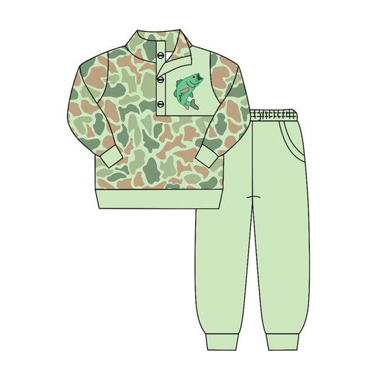 4.15 BLP1419 Preorder Fish Camo Pullover Top Green Pants Boys Clothes Set