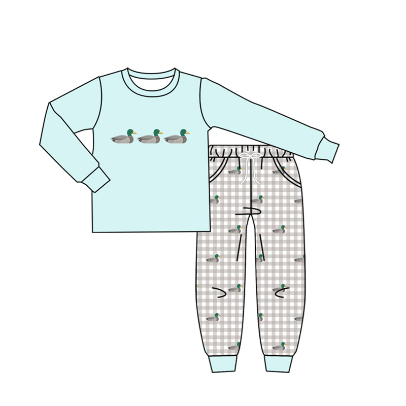 4.16 Toddler Boys Duck Light Blue Long Sleeve  Top with Gingham Pants Outfit Preorder