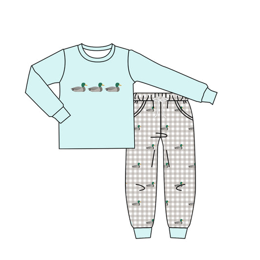 4.16 Toddler Boys Duck Light Blue Long Sleeve  Top with Gingham Pants Outfit Preorder