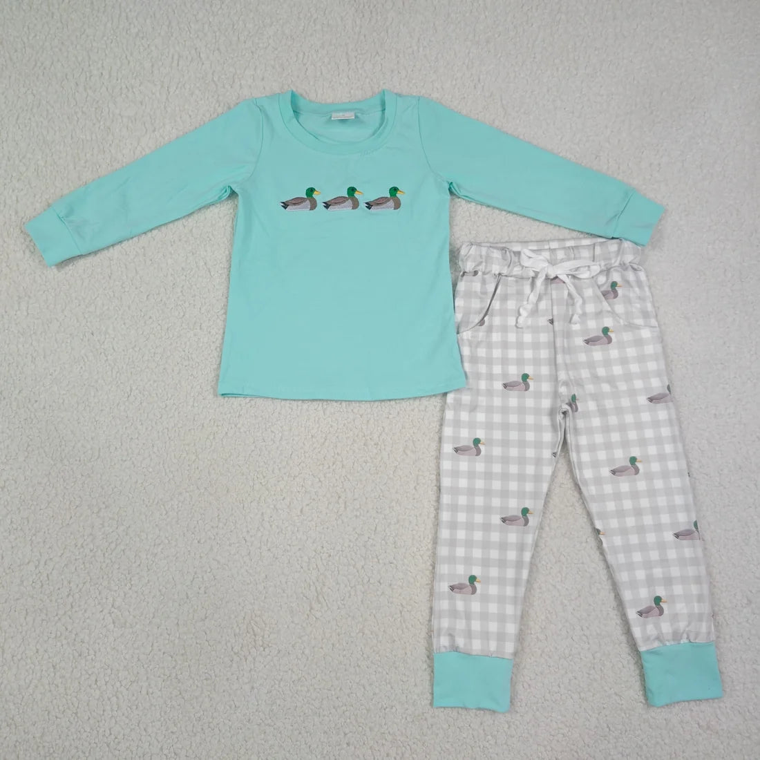 Sibling Kids Boys Embroidery Hunting Duck Long Sleeve Top Pants Outfit