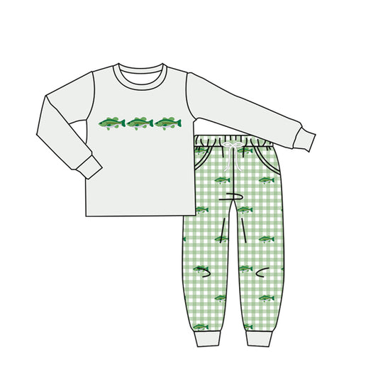 4.16 Toddler Boys Fish Grey Long Sleeve  Top with Gingham Pants Outfit Preorder