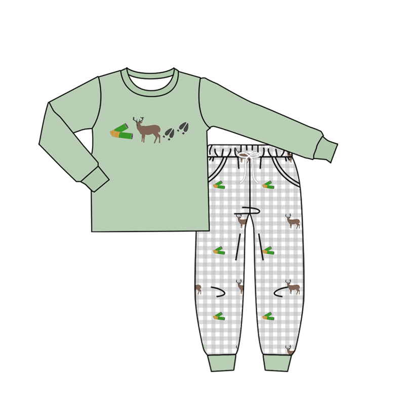 4.16 Toddler Boys Hunting Deer Green Long Sleeve  Top with Gingham Pants Outfit Preorder