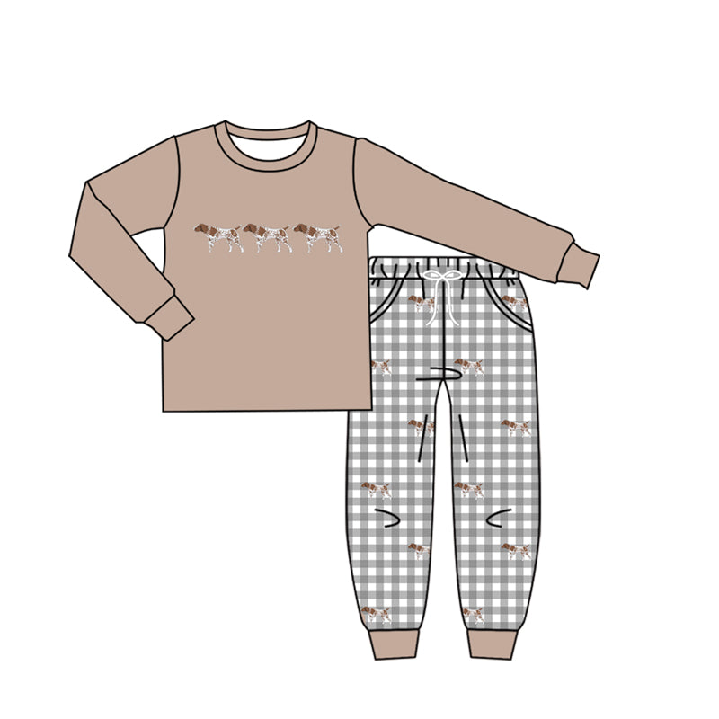 4.16 Toddler Boys Hunting Dog Brown Long Sleeve  Top with Gingham Pants Outfit Preorder