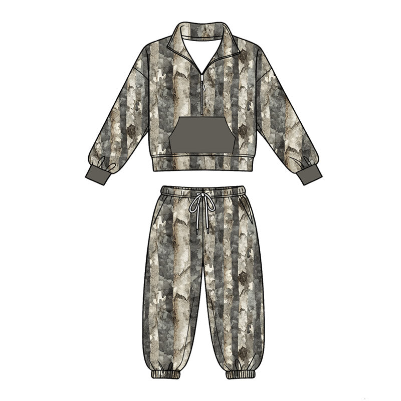 4.18 Grey Camo Girl Outfit -Long Sleeve Pullover Top with Jogger Pants Set Preorder