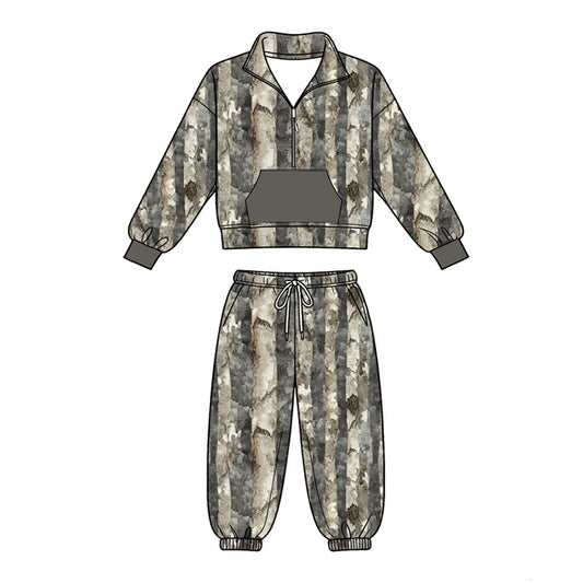 4.18 Grey Camo Girl Outfit -Long Sleeve Pullover Top with Jogger Pants Set Preorder