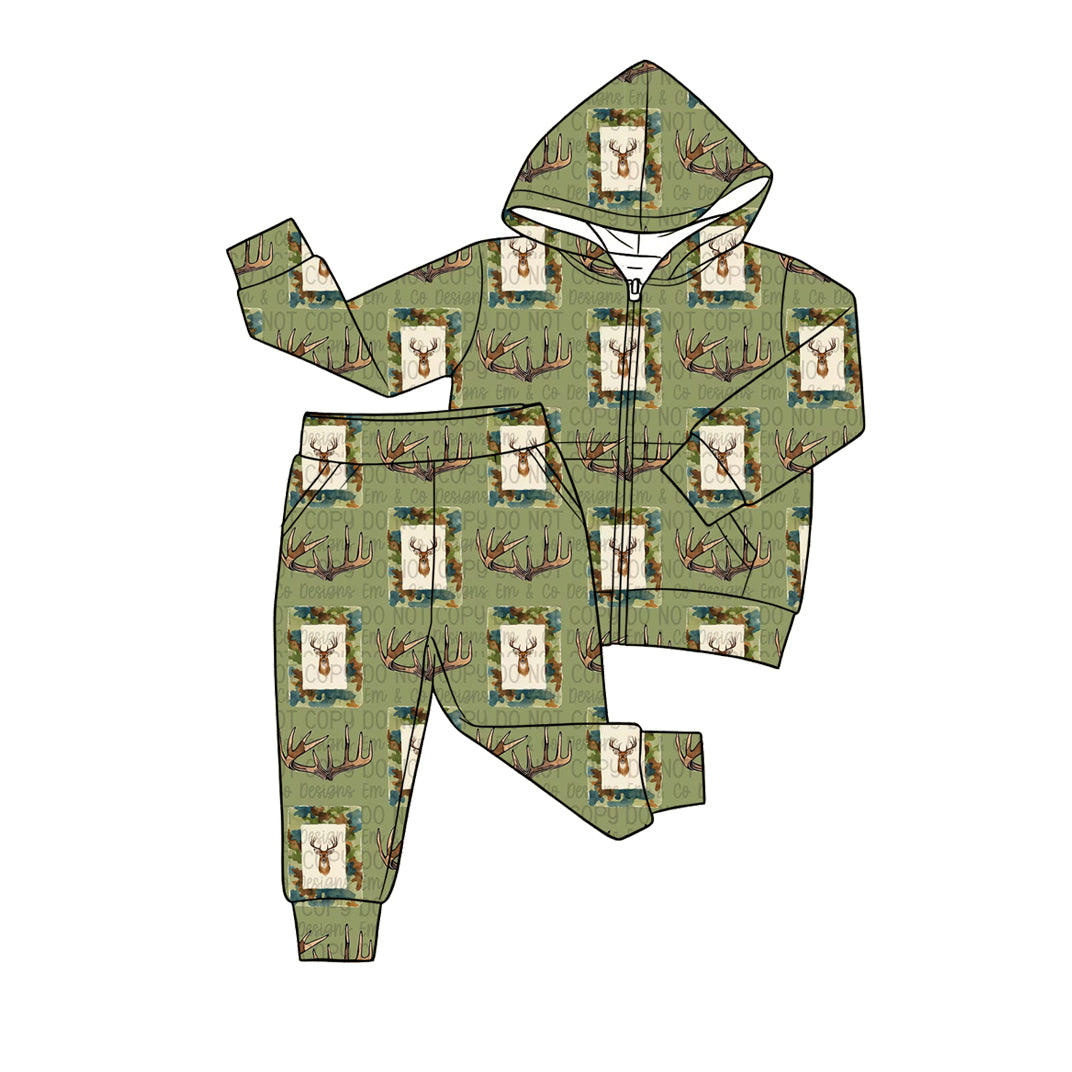4.20 Boys Deer Antler Print Hoodie Outfit - Green Camo Zip-Up Hoodie & Jogger Pants Set Preorder