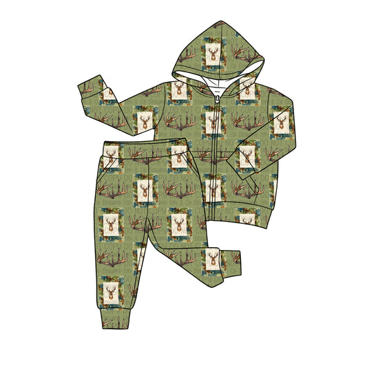 4.20 Boys Deer Antler Print Hoodie Outfit - Green Camo Zip-Up Hoodie & Jogger Pants Set Preorder