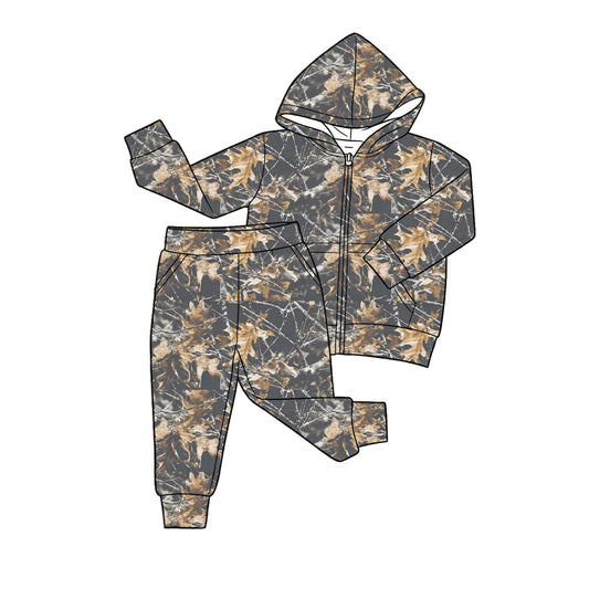 4.20 Kids Fall Leaf Camo Set - Grey Hunting Style Zip Hoodie & Jogger Pants Preorder