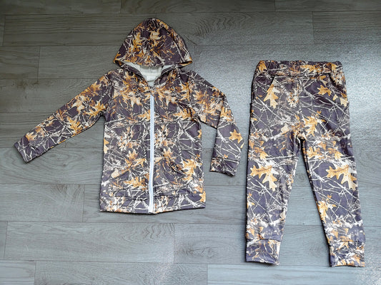 4.20 BLP1439 Preorder Branch Camo Print Zipper Hoodie Top Pockets Pants Boys Fall Hunting Clothes Set