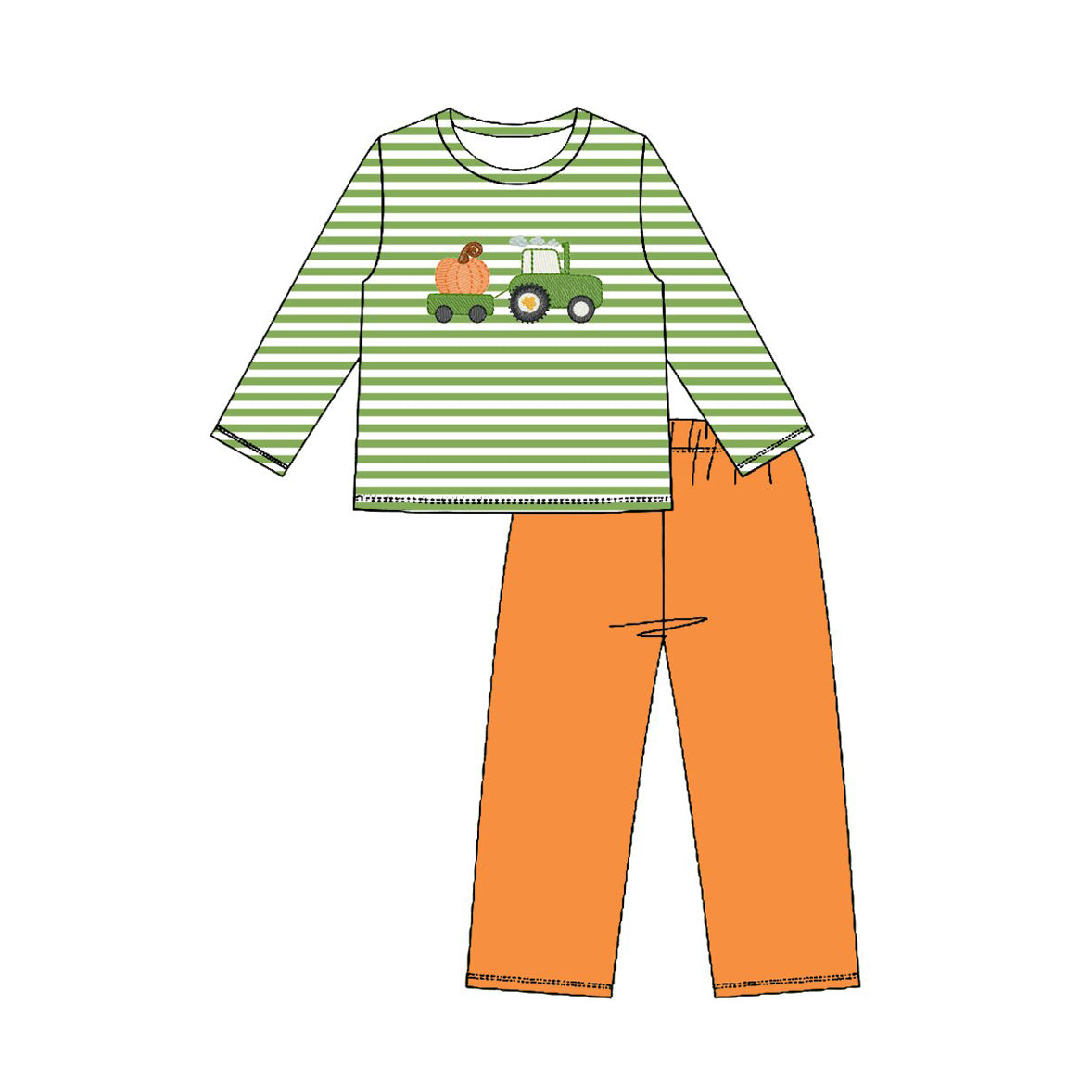 4.23 Toddler Boys Fall Tractor Pumpkin Long Sleeve Strped Outfit with Orange Pants Preorder