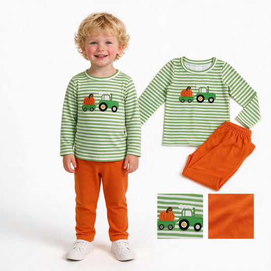 BLP1441 Tractor Pumpkin Embroidery Stripes Top Orange Pants Boys Fall Clothes Set