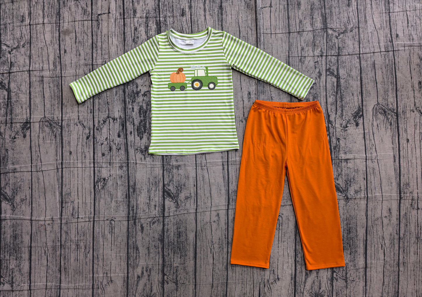 4.23 Toddler Boys Fall Tractor Pumpkin Long Sleeve Strped Outfit with Orange Pants Preorder