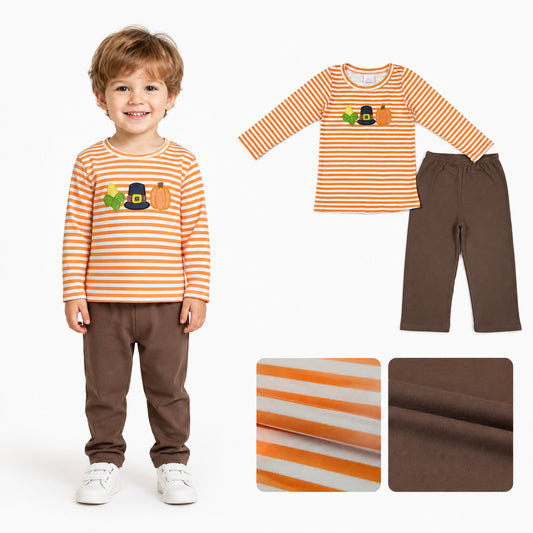 BLP1442 Corn & Pumpkin Embroidery Stripes Top Brown Pants Boys Thanksgiving Clothes Set