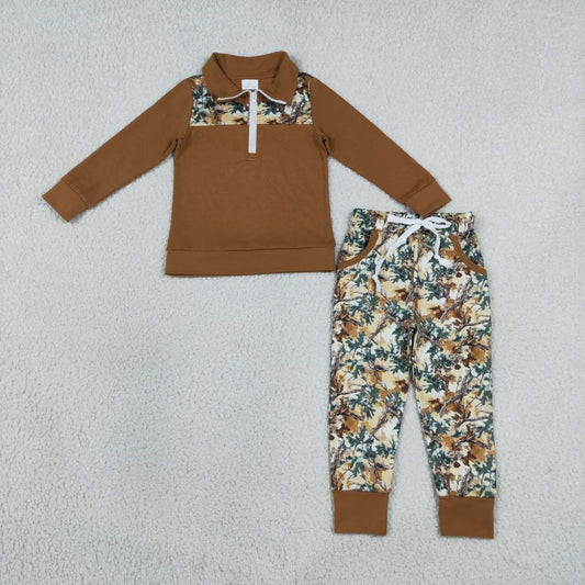 Sibling  Boys Fall leaf Camo Pullover Top with Joger Set and Baby Romper
