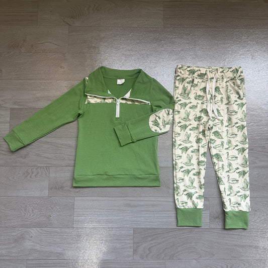 4.27 Boys Mallard Duck Print Outfit - Green Quarter Zip Sweatshirt & Duck Jogger Pants Preorder