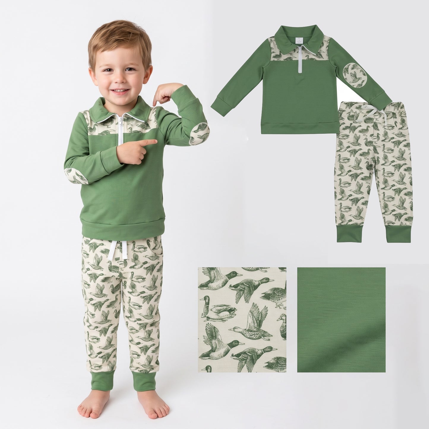 BLP1449 Green Zipper Pullover Top Duck Pockets Pants Boys Fall Clothes Set
