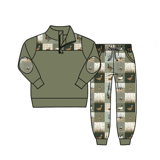 4.27 Boys Patchwork Mallard Duck Quarter Zip Set - Green Hunting Print Sweatshirt & Joggers Preorder
