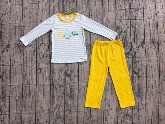 4.28 Boys Space Rocket Embroidered Outfit Collection - Blue Striped Kids Clothing Preorder