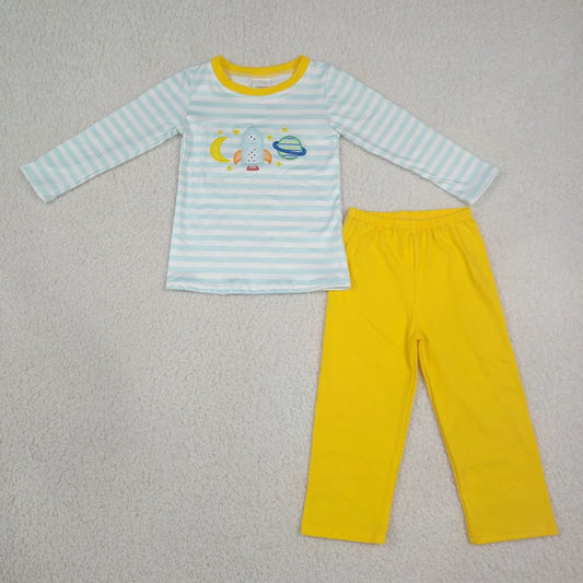 Sibling Baby Boys Embroidery Moons Rocket Earth Shirts Pant Clothes Set Rompers