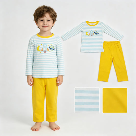 BLP1455 Space Cosmic Embroidery Stripe Top Yellow Pants Boys Clothes Set