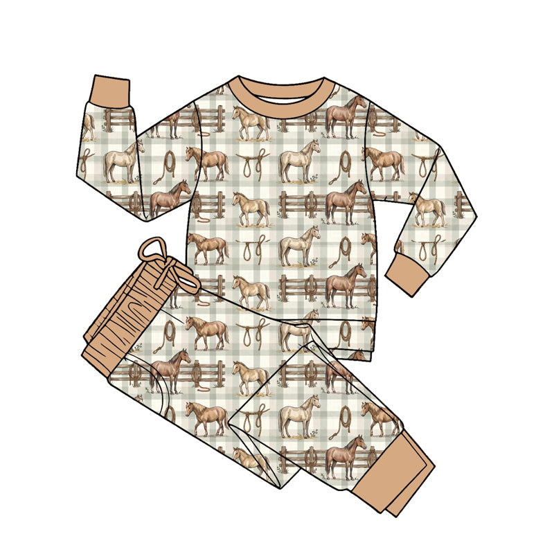 5.20 BLP1469 Preorder Horse Plaid Print Boys Long Sleeve Pants Clothes Set