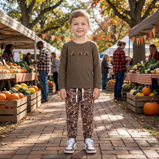 BLP1473 Turkey Embroidery Brown Top Camo Pants Boys Thanksgiving  Clothes Set
