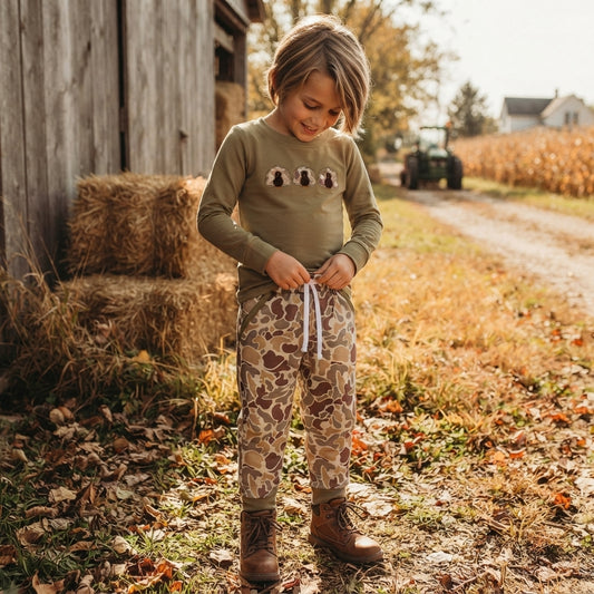 BLP1474 Turkey Embroidery Olive Top Camo Pockets Pants Boys Thanksgiving Clothes Set