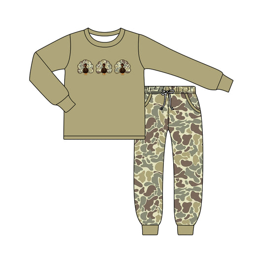 6.19 Baby Boys Thanksgiving Turkey Green Camo Long Sleeve Top with Pants Outfit Preorder