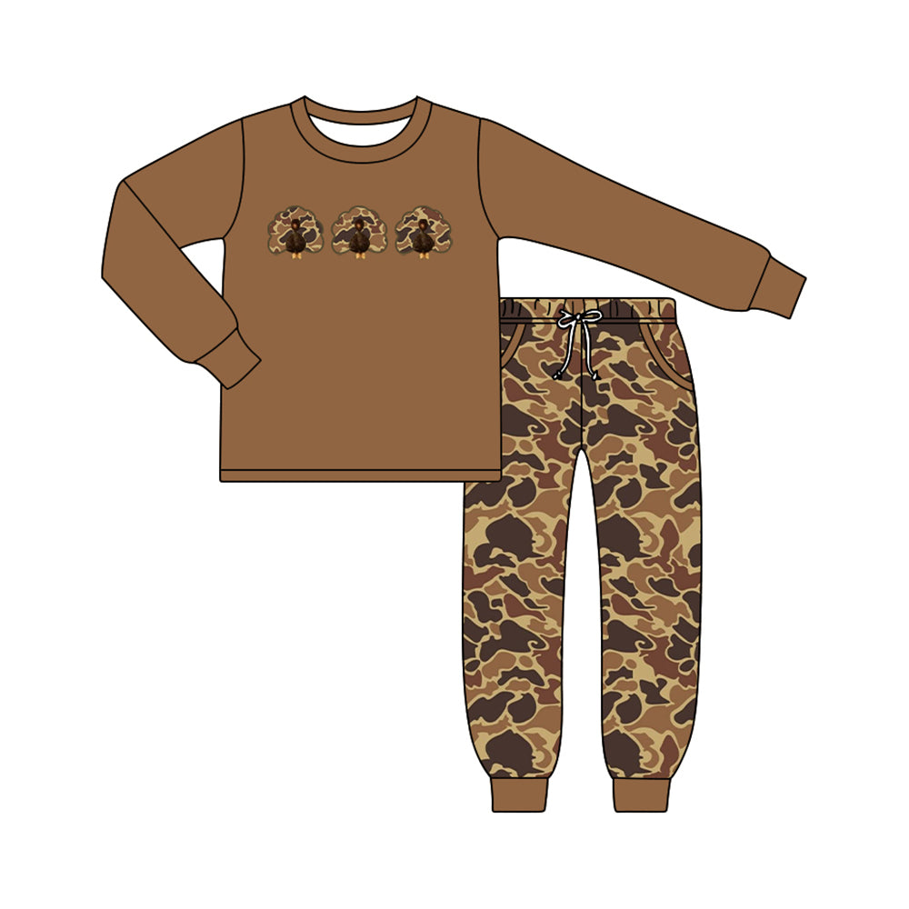 6.19 Baby Boys Thanksgiving Turkey Dark Brown Camo Long Sleeve Top with Pants Outfit Preorder