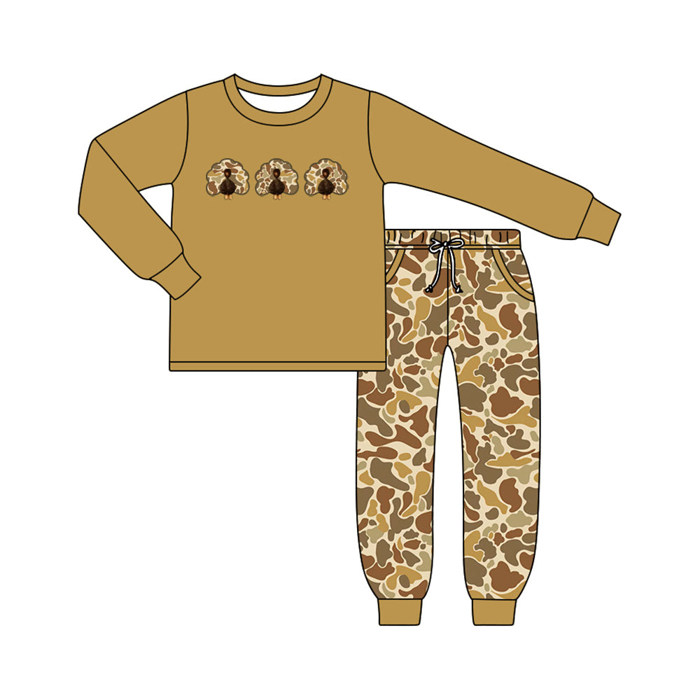 6.19 Baby Boys Thanksgiving Turkey Khaki Camo Long Sleeve Top with Pants Outfit Preorder