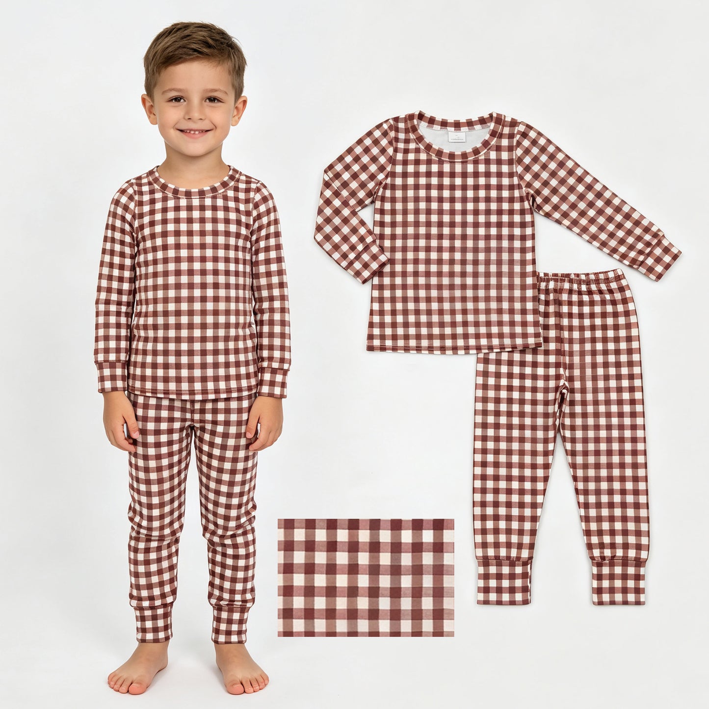 BLP1478 Brown Checkerd Print Kids Fall Pajamas Clothes Set