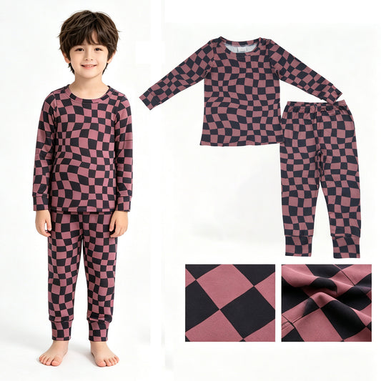 BLP1480 Brown Black Wavy Checkerd Print Kids Fall Pajamas Clothes Set
