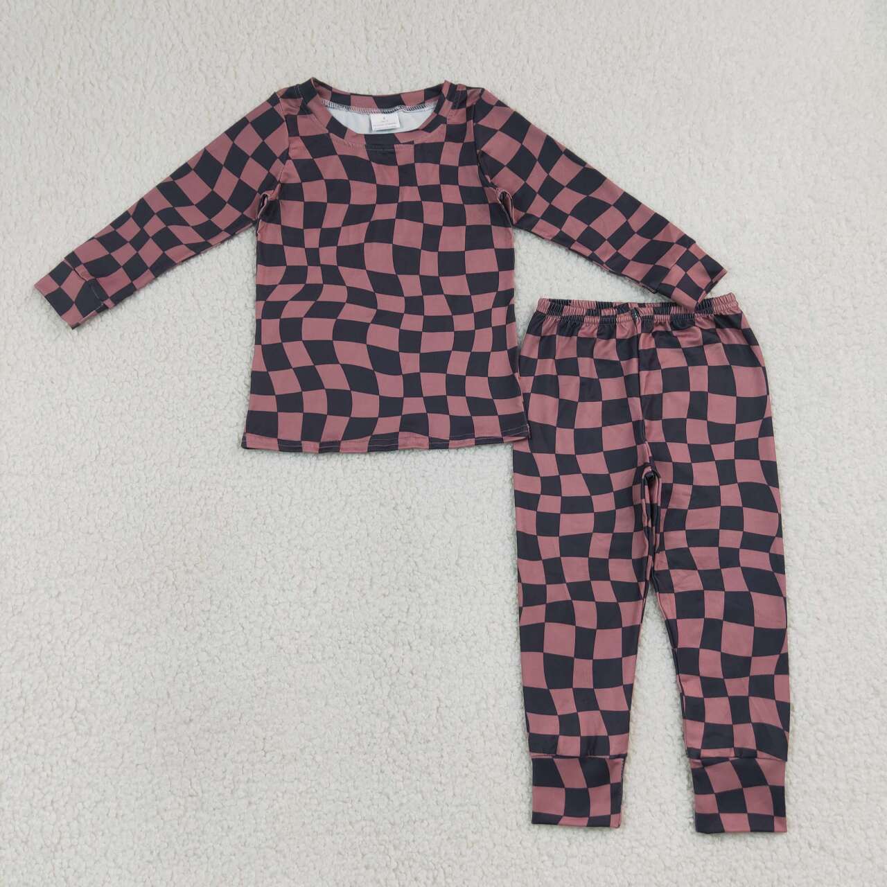 BLP1480 Brown Black Checkerd Print Kids Fall Pajamas Clothes Set
