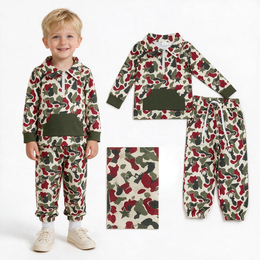 BLP1486 Red Green Camo Zip Pocket Pullover Top Jogger Pants Boys Christmas Clothes Set