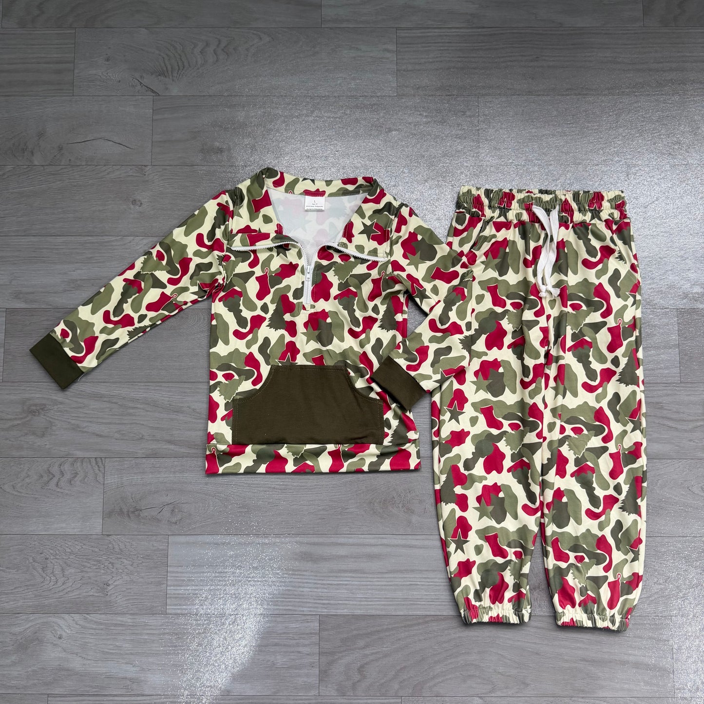Preorder Baby Boys  Christmas Red Green Camo Long Sleeve Pullover Top with Jogger Outfit