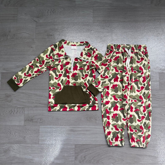 Preorder Baby Boys  Christmas Red Green Camo Long Sleeve Pullover Top with Jogger Outfit
