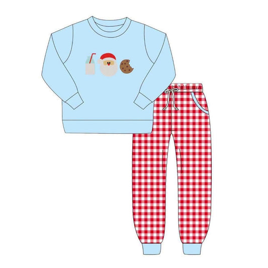 6.29 Preorder BLP1489 Milk Santa Cookies Blue Top Plaid Pants Boys Christmas Clothes Set